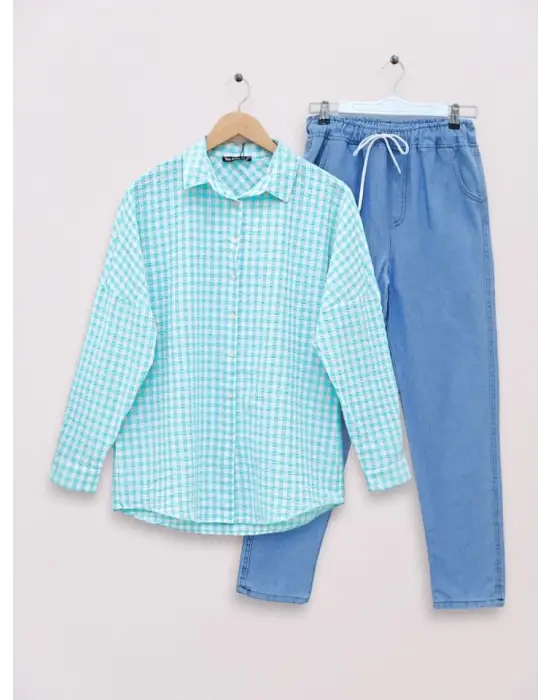 Omarı Yumuşak Dokulu Boydan Düğmeli Mint Gömlek