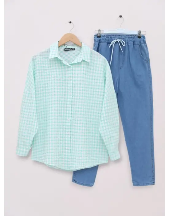 Omarı Şık ve Rahat Gofre Desenli Gömlek - Su Yeşili