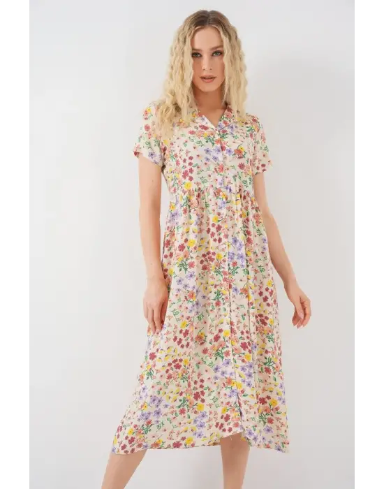 Boydan Düğmeli Kısa Kol Çiçekli Elbise 2561 - Krem