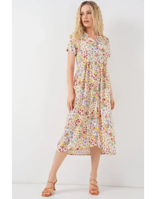 Boydan Düğmeli Kısa Kol Çiçekli Elbise 2561 - Krem