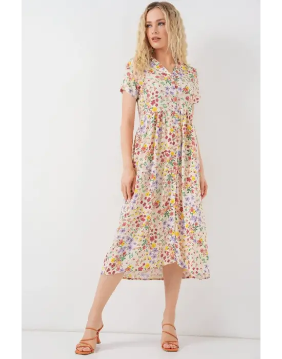 Boydan Düğmeli Kısa Kol Çiçekli Elbise 2561 - Krem