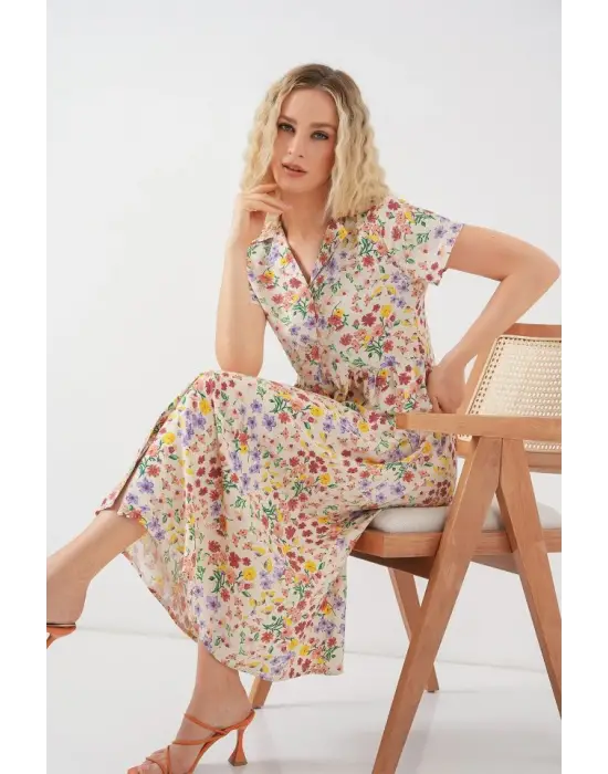 Boydan Düğmeli Kısa Kol Çiçekli Elbise 2561 - Krem