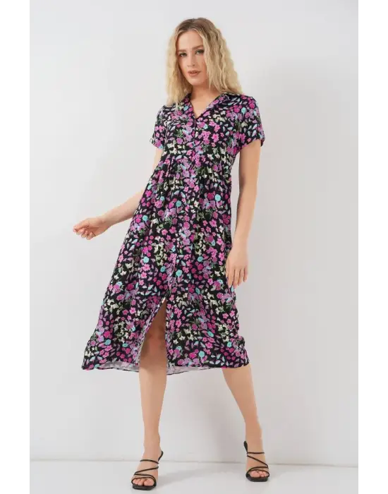 Boydan Düğmeli Kısa Kol Çiçekli Elbise 2561 - Siyah