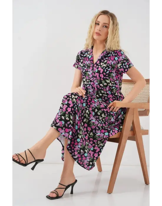 Boydan Düğmeli Kısa Kol Çiçekli Elbise 2561 - Siyah