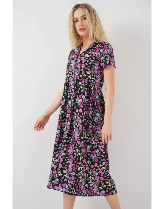 Boydan Düğmeli Kısa Kol Çiçekli Elbise 2561 - Siyah