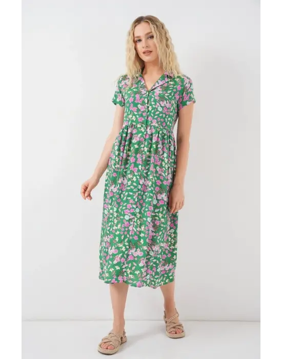 Boydan Düğmeli Kısa Kol Çiçekli Elbise 2561 - Yeşil