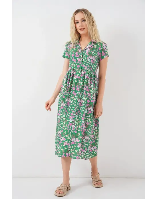 Boydan Düğmeli Kısa Kol Çiçekli Elbise 2561 - Yeşil