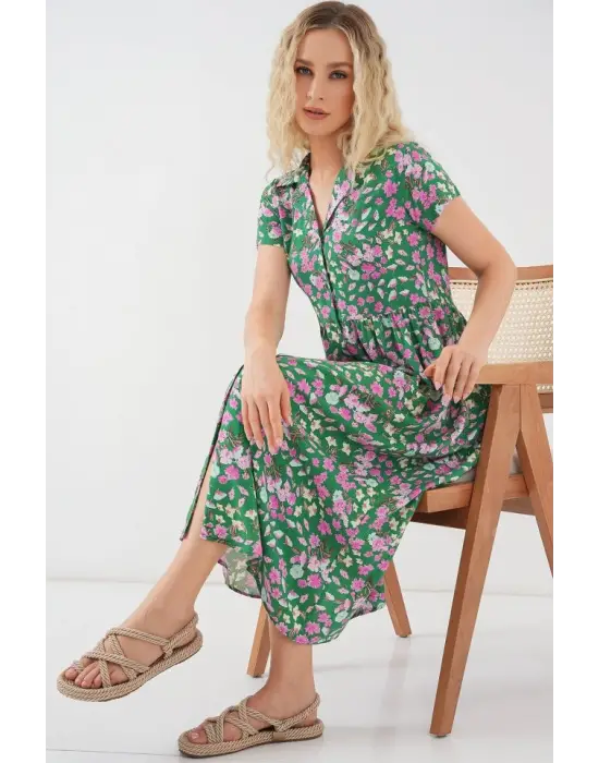 Boydan Düğmeli Kısa Kol Çiçekli Elbise 2561 - Yeşil