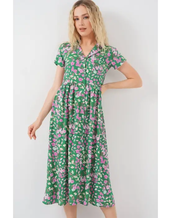Boydan Düğmeli Kısa Kol Çiçekli Elbise 2561 - Yeşil