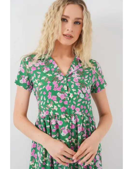 Boydan Düğmeli Kısa Kol Çiçekli Elbise 2561 - Yeşil