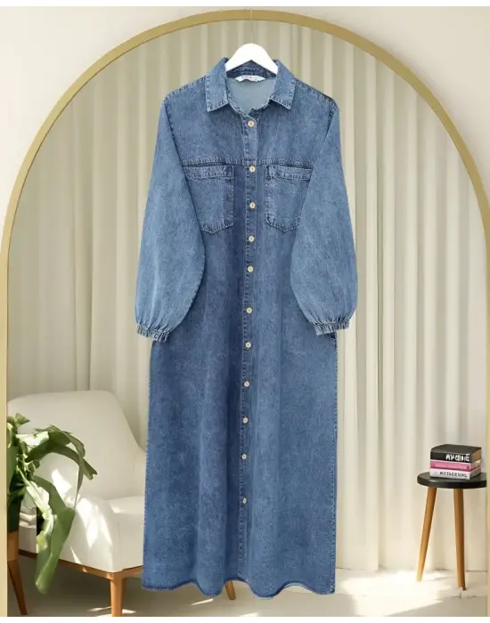 Boydan Düğmeli Kolu Lastikli Cepli Kot Elbise   -Buz Mavi