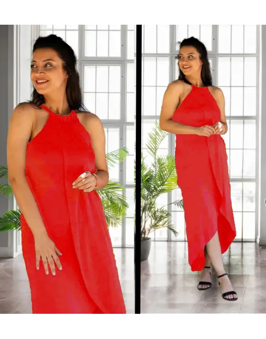 Boyun Askılı Eteği Kruvaze Kesim Viskon Kumaş Elbise