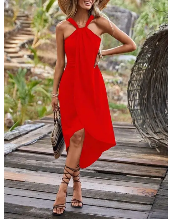 Boyun Askılı Eteği Kruvaze Kesim Viskon Kumaş Elbise