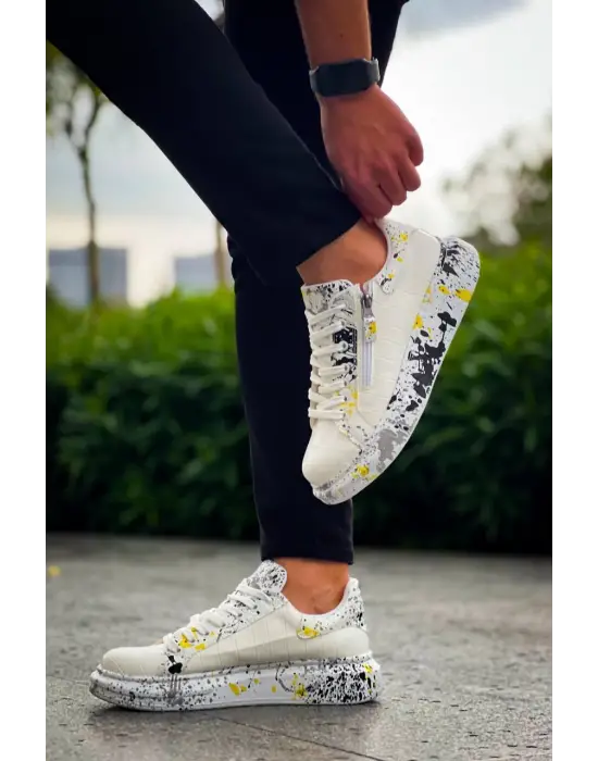 Omarı Beyaz Sarı Crocodile Desenli Bağcıklı Günlük Erkek Ayakkabı