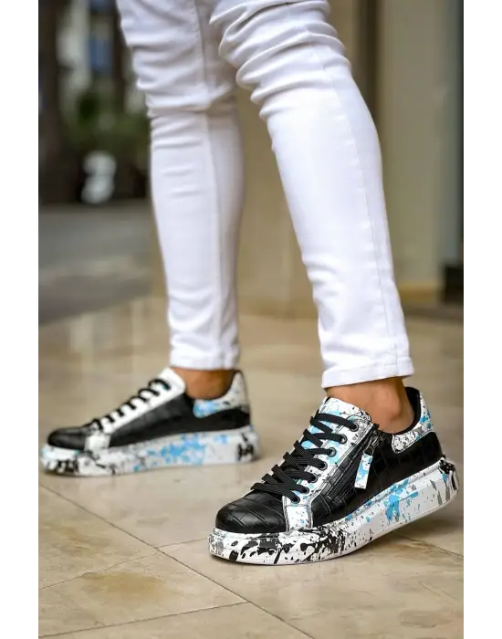 Omarı Siyah Mavi Crocodile Desenli Bağcıklı Erkek Günlük Ayakkabı