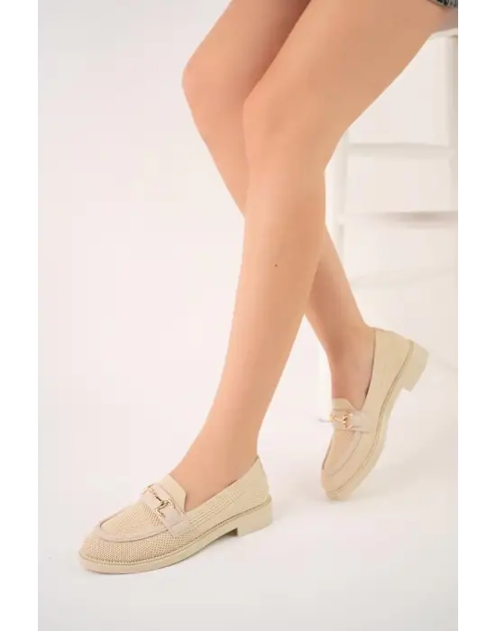 Omarı Yumuşak Triko Detaylı Bej Tokalı Kadın Günlük Ayakkabı