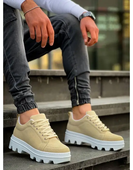 Omarı Yüksek Taban Bej Süet Spor Ayakkabı