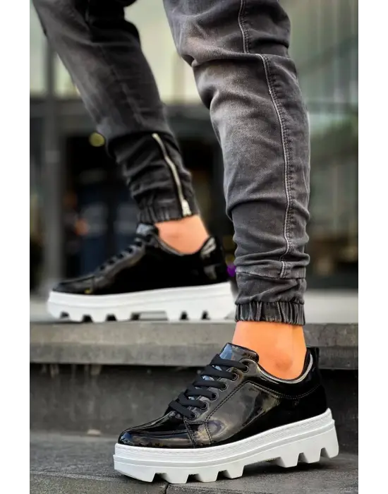 Omarı Siyah Rugan Beyaz Yüksek Taban Günlük Spor Ayakkabı