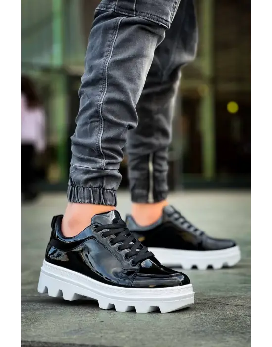 Omarı Siyah Rugan Beyaz Yüksek Taban Günlük Spor Ayakkabı