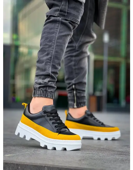 Omarı Siyah Sarı Detaylı Yüksek Taban Günlük Spor Ayakkabı