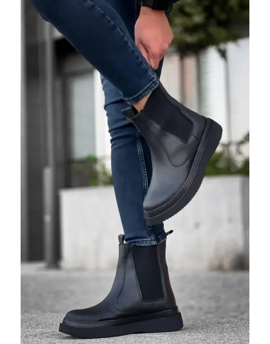 BR-0992  Omarı Siyah Cilt Siyah Yüksek Taban  Lastikli Erkek Bot