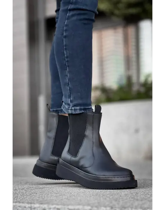 BR-0992  Omarı Siyah Cilt Siyah Yüksek Taban  Lastikli Erkek Bot