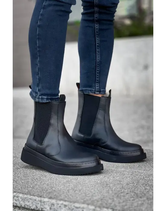 BR-0992  Omarı Siyah Cilt Siyah Yüksek Taban  Lastikli Erkek Bot