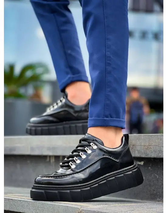 Omarı Yüksek Taban Günlük Spor Ayakkabı - Siyah Rugan