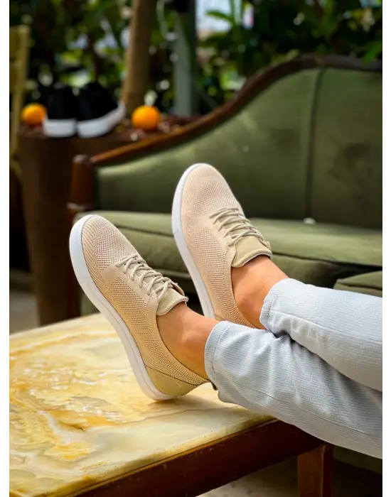 Modern Bej Triko Bağcıklı Erkek Ayakkabı