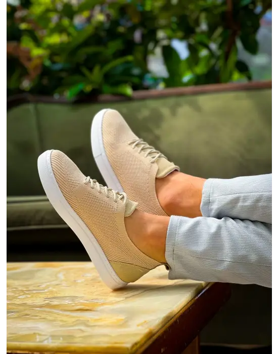 Omarı Bej Triko Bağcıklı Günlük Erkek Ayakkabı