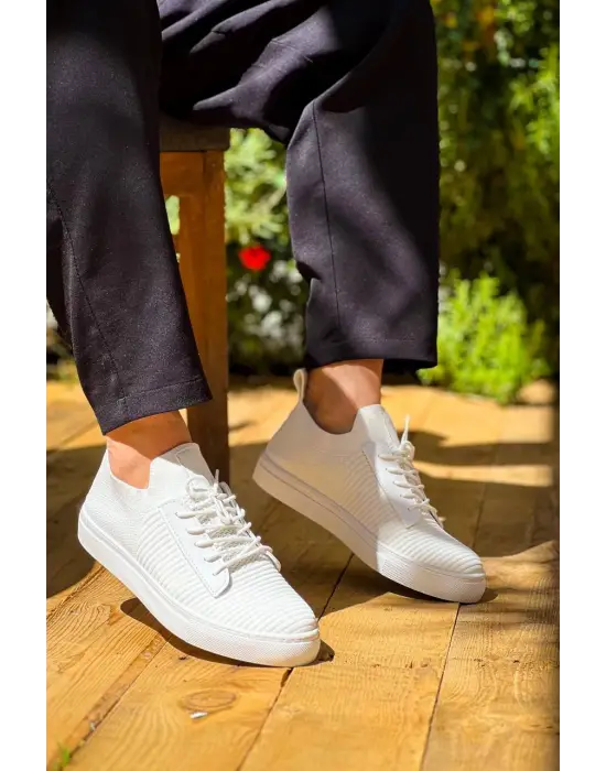 Cool Beyaz Triko Yüksek Taban Bağcıklı Erkek Ayakkabı