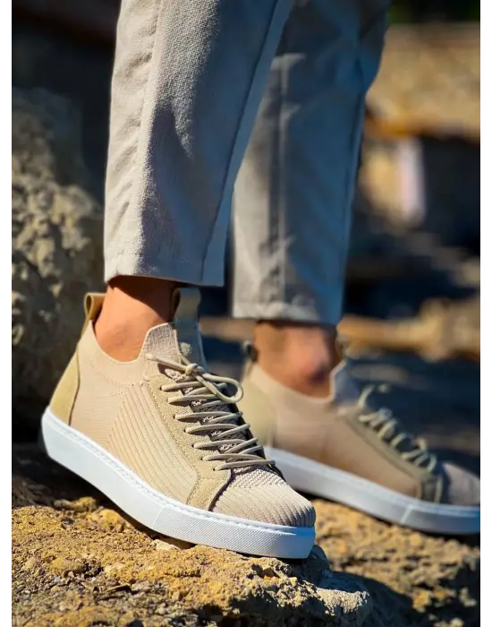 Modern Bej Triko Bağcıklı Ayakkabı