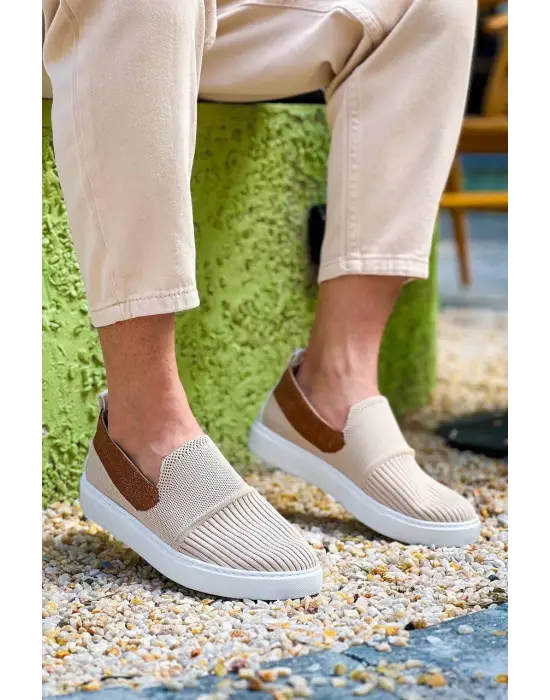 Omarı Modern Bej Taba Triko Yüksek Taban Günlük Erkek Ayakkabı