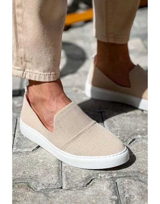 Stil Sahibi Bej Triko Yüksek Taban Bağcıksız Ayakkabı