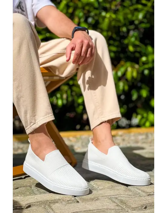 Omarı Yüksek Taban Bağcıksız Beyaz Triko Günlük Erkek Ayakkabı