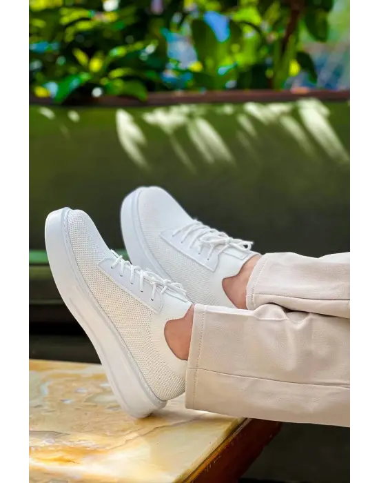 Trend Beyaz Bağcıklı Triko Erkek Ayakkabı