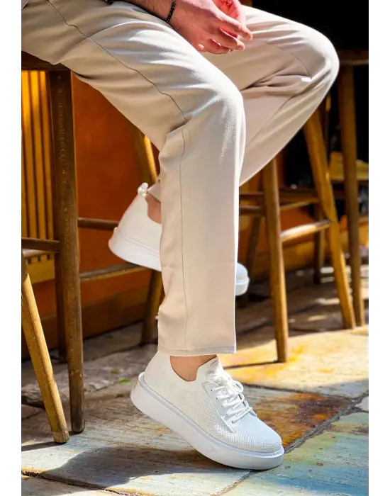 Trend Beyaz Bağcıklı Triko Erkek Ayakkabı