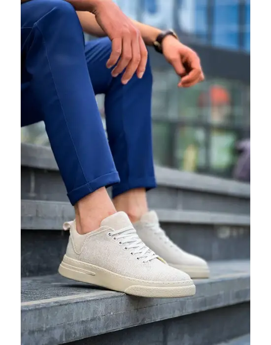 Omarı Yüksek Taban Bej Keten Erkek Spor Ayakkabı
