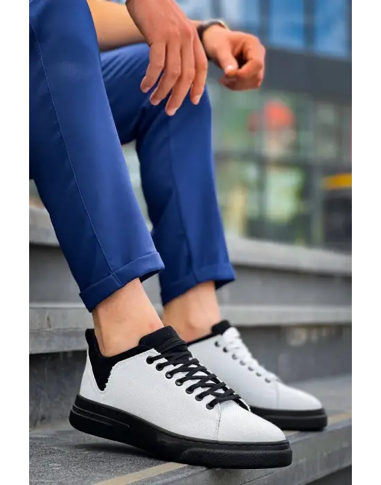 Omarı Yüksek Tabanlı Beyaz Siyah Keten Erkek Spor Ayakkabı