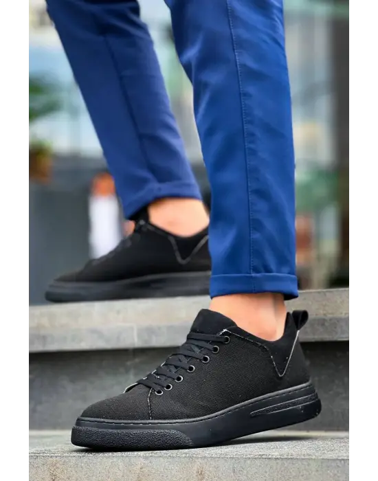 Omarı Yüksek Tabanlı Siyah Keten Erkek Spor Ayakkabı