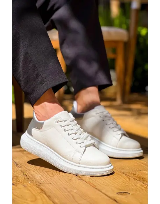 Zarif Beyaz Gümüş Bağcıklı Erkek Ayakkabı