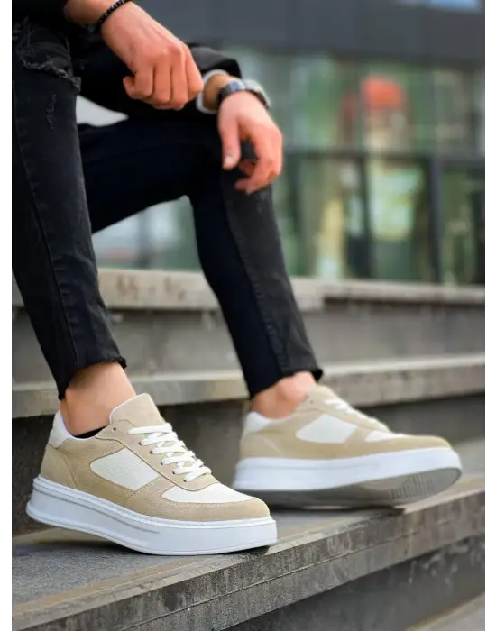 Omarı Yüksek Taban Bej Keten Spor Ayakkabı