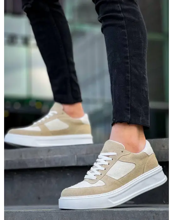 Omarı Yüksek Taban Bej Keten Spor Ayakkabı