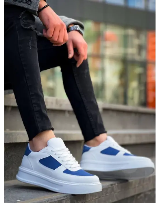 Omarı Mavi Süet Detaylı Yüksek Taban Beyaz Spor Ayakkabı