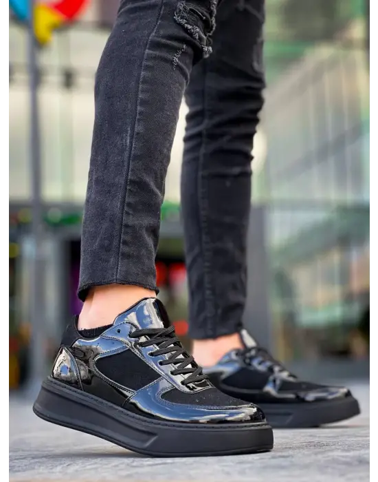 Omarı Yüksek Tabanlı Siyah Rugan Günlük Spor Ayakkabı