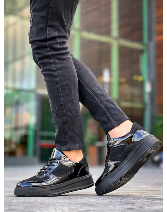 Omarı Yüksek Tabanlı Siyah Rugan Günlük Spor Ayakkabı