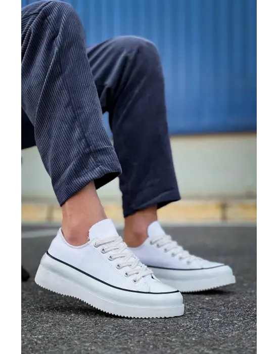 Omarı Yüksek Taban Beyaz Keten Spor Ayakkabı