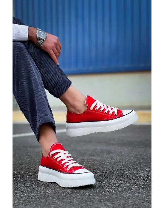 Omarı Yüksek Taban Kırmızı Keten Spor Ayakkabı