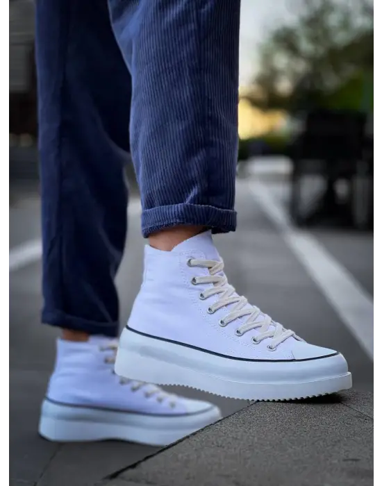 Omarı Uzun Beyaz Keten Yüksek Taban Spor Ayakkabı