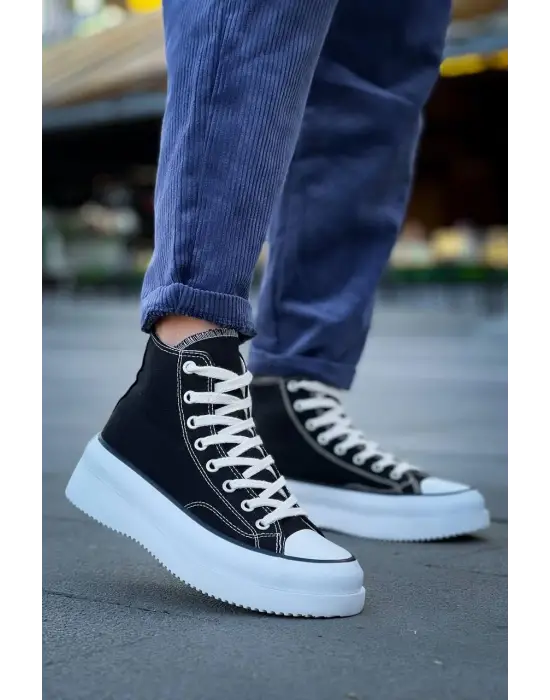 Omarı Yüksek Taban Siyah Keten Spor Ayakkabı